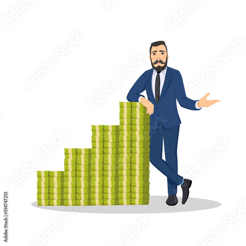 Happy rich man standing near big heap of stacked money . Billionaire business man or smiling banker leaning on a huge cash pile. Business success.