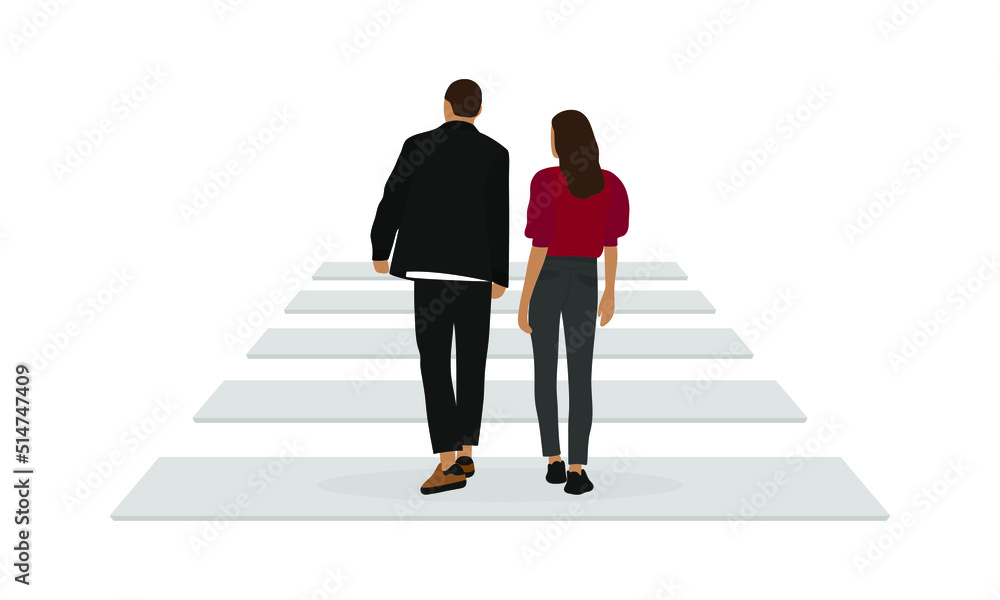 A male character and a female character are walking together on a crosswalk on a white background