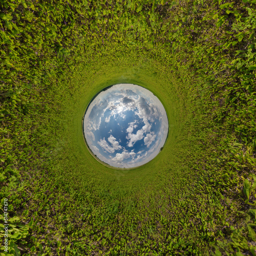 blue sphere little planet inside green grass round frame background.