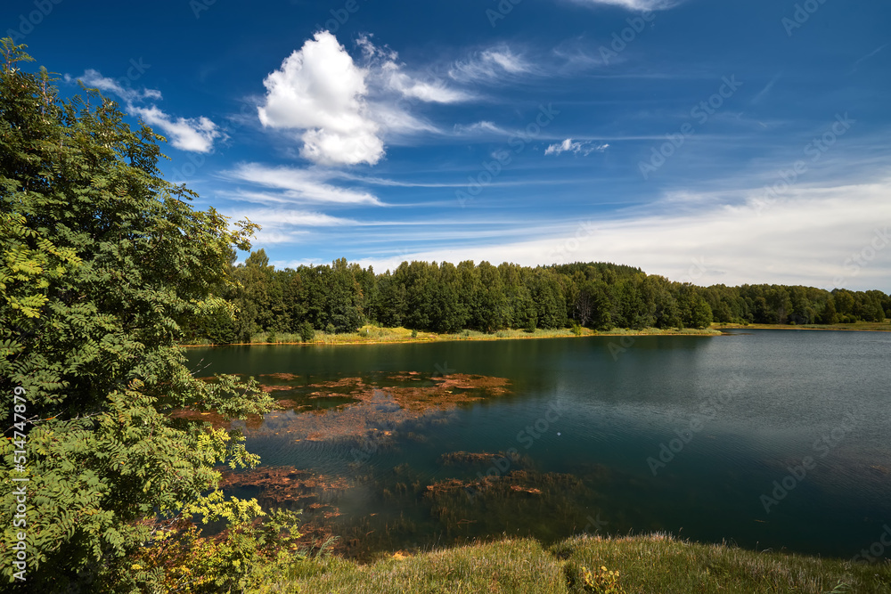 Beautiful lakeside view from a small lake in Russia, with lush green trees, blue sky and sunlight Beautiful lakeside view from a small lake in Russia, with lush green trees, blue sky and sunlight