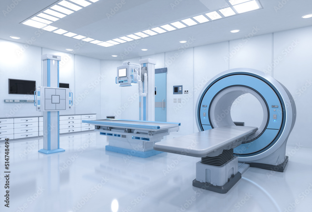 Hospital radiology room with mri scanner and x-ray machine Hospital radiology room with mri scanner and x-ray machine