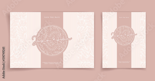 Natural wedding card or invitation card on pink background elegant and luxury style. Feel fresh with leaf and natural theme.