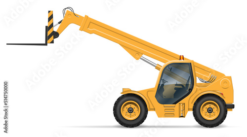 Telescopic handler view from side isolated on white background. Construction and agricultural vehicle vector template. All elements in the groups for easy editing and recolor