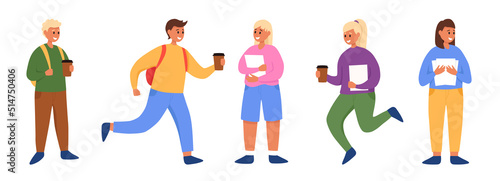 Group of students flat vector illustration. Young girls and boys holding books and coffee isolated characters on white background. Happy teenager in casual clothes. Youth lifestyle.