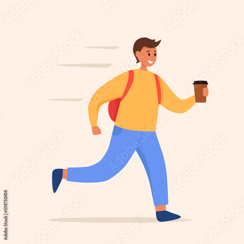 People template set for education, business, online shopping, project management. Young confident business man drinking coffee and walking in hurry. Worker rushes to work.