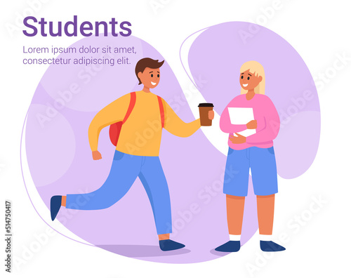 Students rush to study. Happy boy and girl  Enjoying Life. Students with a books and coffee. Group of university disciples college learner discussing. Vector flat illustration.