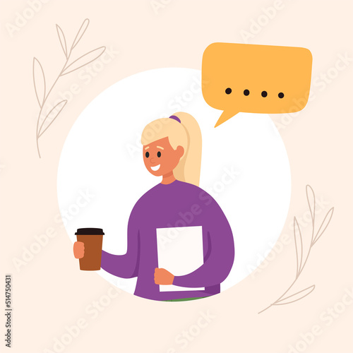 Woman drinking coffee with speech bubble. Vector female characters in flat style.