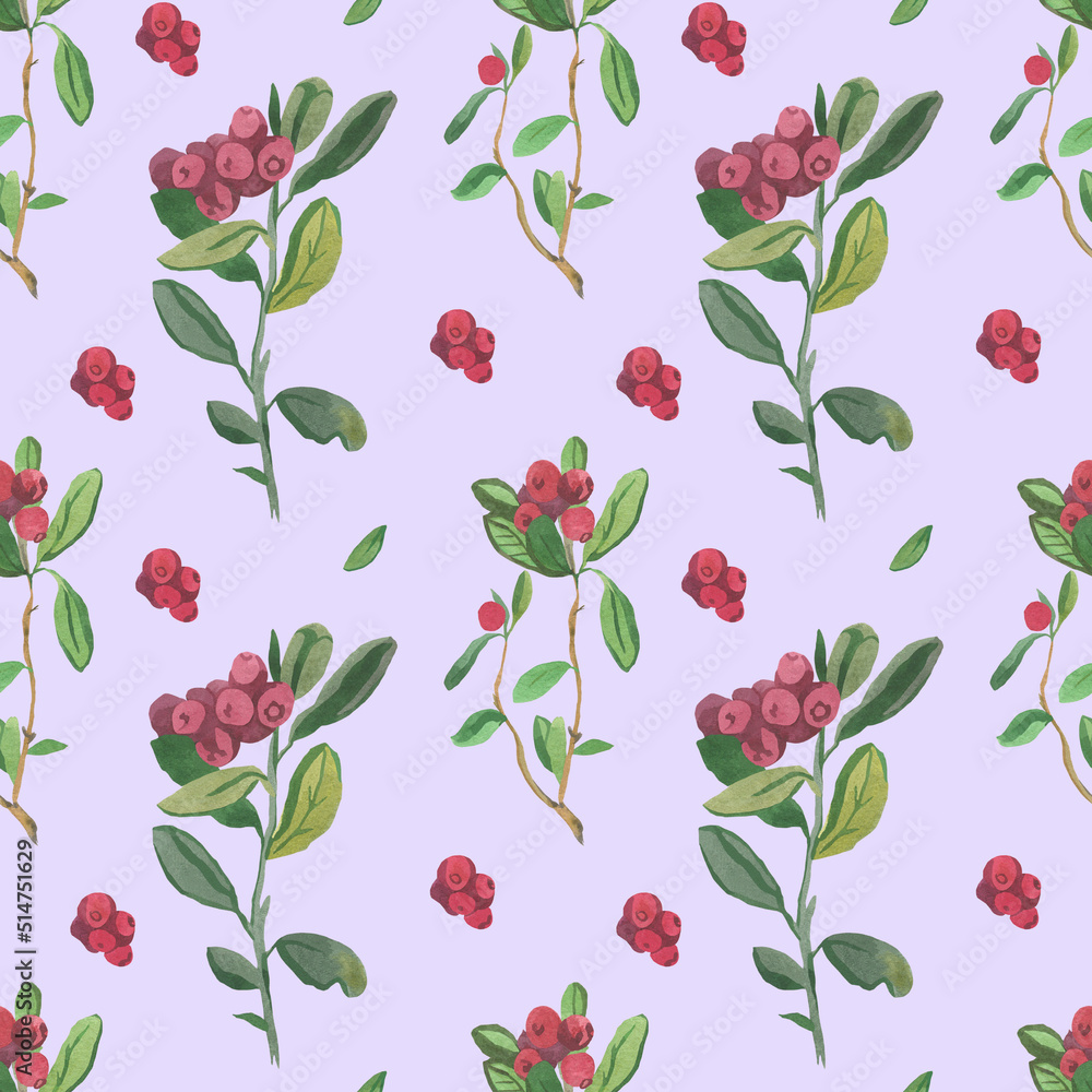 Watercolor seamless pattern with  red lingonberries on a purple background. Repeating, autumnal,textural hand painted print. Design for textiles, fabric, wrapping paper, printing.