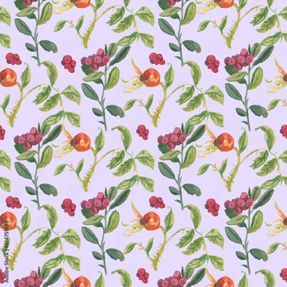 Watercolor seamless pattern with red lingonberries on a purple background. Repeating, autumnal,textural hand painted print. Design for textiles, fabric, wrapping paper, printing. Watercolor seamless pattern with red lingonberries on a purple background. Repeating, autumnal,textural hand painted print. Design for textiles, fabric, wrapping paper, printing.