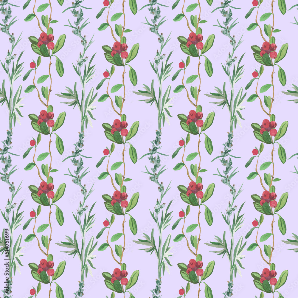 Watercolor seamless pattern with red lingonberries on a purple background. Repeating, autumnal,textural hand painted print. Design for textiles, fabric, wrapping paper, printing. Watercolor seamless pattern with red lingonberries on a purple background. Repeating, autumnal,textural hand painted print. Design for textiles, fabric, wrapping paper, printing.