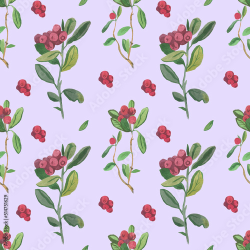 Watercolor seamless pattern with  red lingonberries on a purple background. Repeating, autumnal,textural hand painted print. Design for textiles, fabric, wrapping paper, printing.