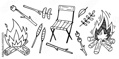 Vector doodle set for picnic. Hand drawn campfire, fried sausages and marshmallow on a stick.