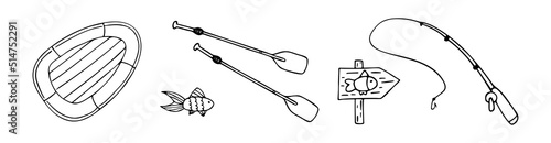 Vector doodle set with fishing elements. Fishing rod, rubber boat and fishing sign post. Outline.