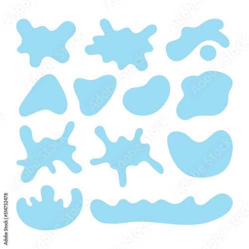 Set of blots, splashes and stains. Blue water forms with jagged, flowy edges. Decorative shapes, liquid watery design elements. Isolated vector illustration.
