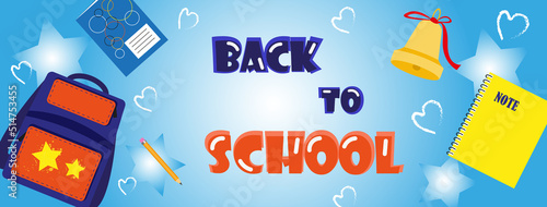 Background, banner back to school with backpack, notebooks, pencil in bright trendy colors