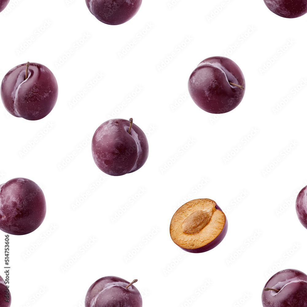 Obraz premium Plum isolated on white background, SEAMLESS, PATTERN