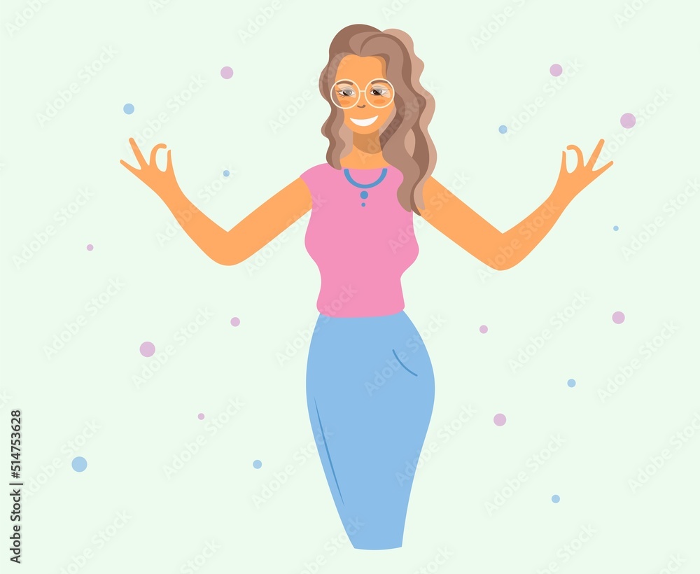 Cartoon character of a woman smiling and making a good gesture. Flat vector design. Happy successful girl raises her hands celebrating success. Concept of human emotions, positive mood, body language Cartoon character of a woman smiling and making a good gesture. Flat vector design. Happy successful girl raises her hands celebrating success. Concept of human emotions, positive mood, body language