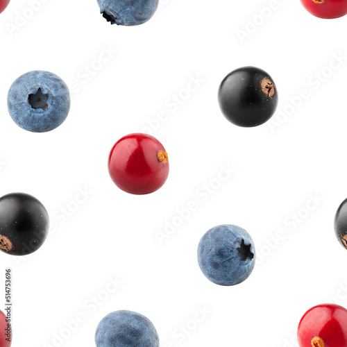 Berries mix, cranberry, blueberry, black currant, isolated on white background, SEAMLESS, PATTERN