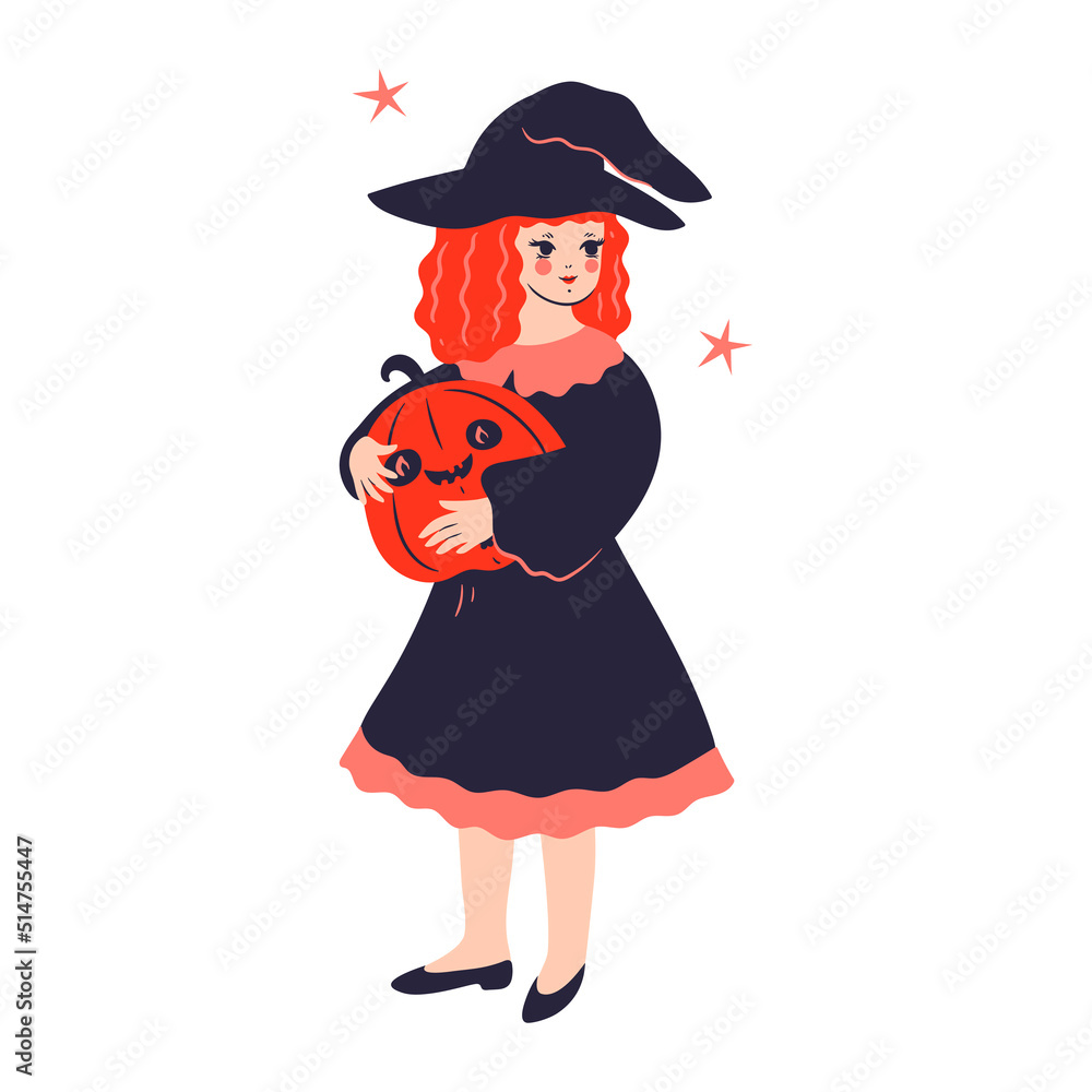 Cute witch holding a pumpkin isolate on a white background. Vector graphics. Cute witch holding a pumpkin isolate on a white background. Vector graphics.