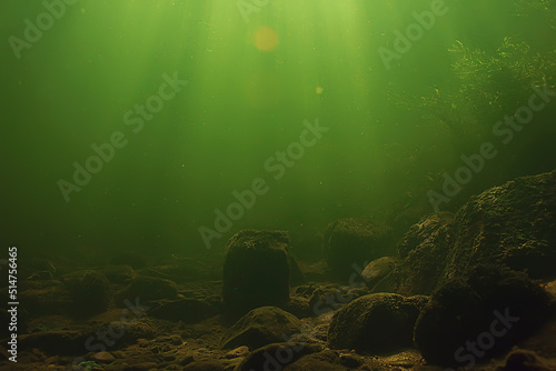 underwater fresh water green background with sun rays under, water © kichigin19