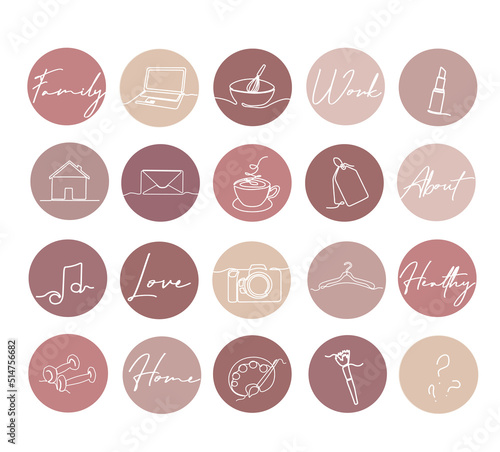 One line instagram lifestyle highlight icon set. Hand drawn neutral story covers for social media