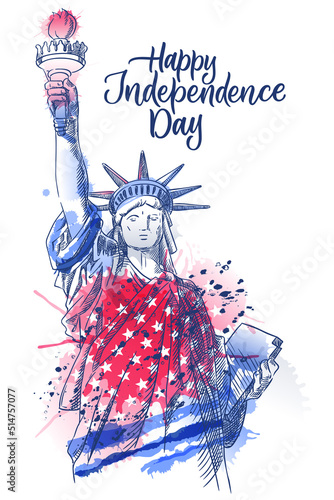USA Independence Day poster print. Statue of liberty on american watercolor flag backgorund. Vector sketch illustration