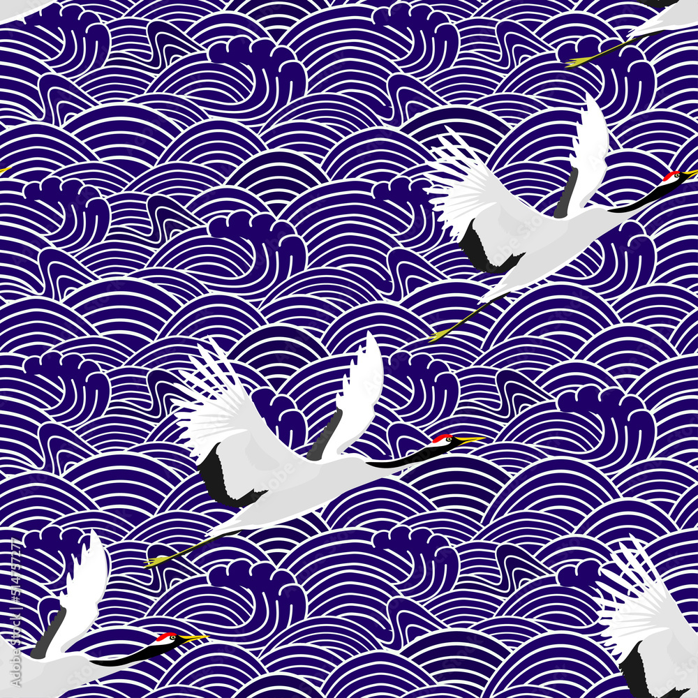 Fototapeta premium Cranes and waves. Seamless pattern. Vector.