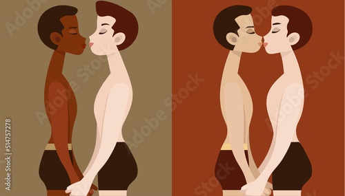 Homosexual couple in love in flat vector illustration, kissing men, boys, gays in underwear. Love concept, passion, lust, relationship, dating, attraction, desire, LGBT, tolerance, sexual orientations