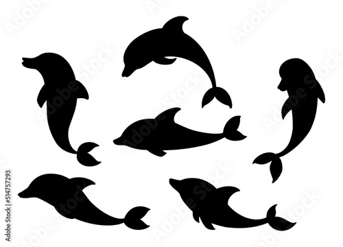 Cute cartoon dolphin contour collection. Outline vector illustration set of dolphins jumping, swimming, smiling. Happy funny dolphin silhouette  in various poses isolated on white.
