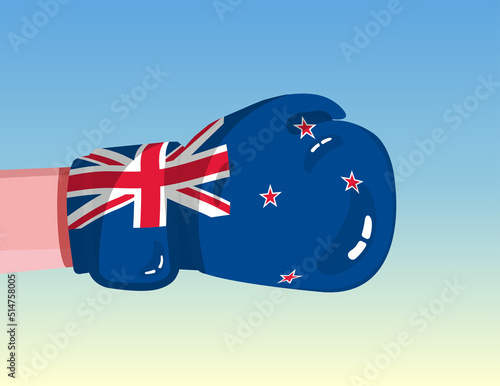 Flag of New Zealand on boxing glove. Confrontation between countries with competitive power. Offensive attitude. Separation of power. Template ready design.