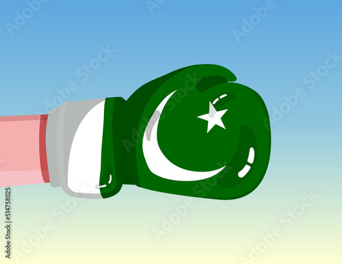 Flag of Pakistan on boxing glove. Confrontation between countries with competitive power. Offensive attitude. Separation of power. Template ready design.