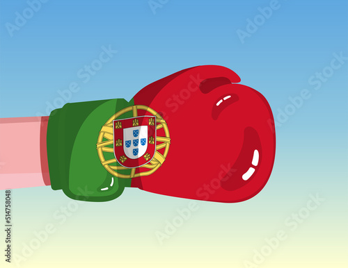 Flag of Portugal on boxing glove. Confrontation between countries with competitive power. Offensive attitude. Separation of power. Template ready design.