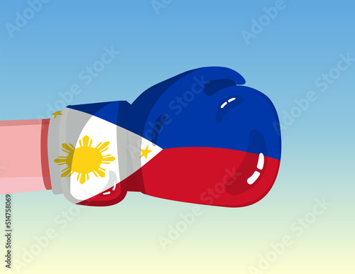Flag of Philippines on boxing glove. Confrontation between countries with competitive power. Offensive attitude. Separation of power. Template ready design.