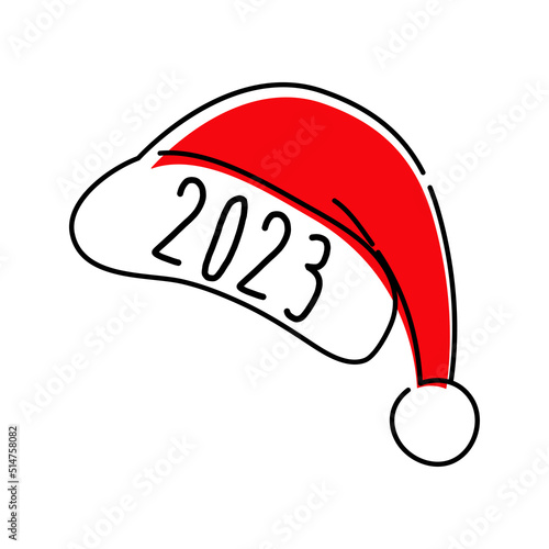 Banner con año nuevo 2023 manuscrito. Logo con sombrero de Papá Noel. Vector con líneas en color negro y rojo