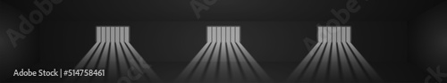 Vector illustration of prison bars window on dark wall. Realistic prison room window background. Jail window with bars. Jail break. 