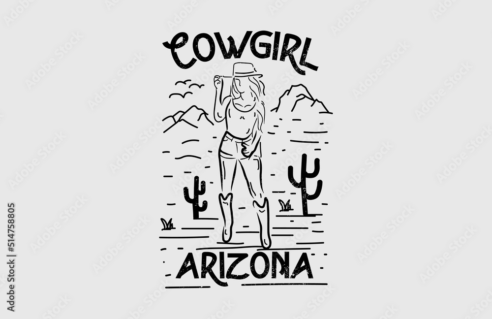 cowgirl in the desert wild nature vintage illustration