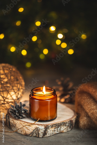 Winter holidays hygge greeting card with candle