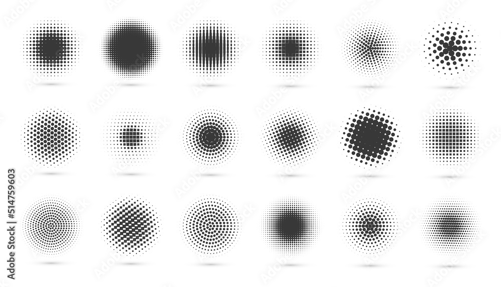 Circle halftone set. Modern dotted circles halftones. Black dotwork ...