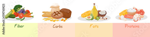 Table of macronutrients. Fiber, proteins, fats and carbs presented by food products. Vector illustration of nutrition categories. Balanced nutrition. Healthy food