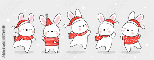 Draw banner cute bunny snow for Christmas and new year