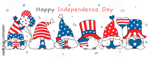 Draw banner cute gnome for Independence day 4 th of July 