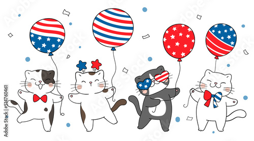 Draw banner funny cats with balloon for Independence day