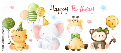 Draw banner happy safari animal for birthday concept