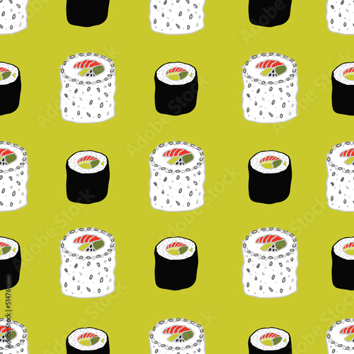 Seamless horizontal vector pattern of hand drawn doodle sushi hosomaki rolls isolated on yellow green background. Asia cuisine prints for restaurant design purposes, wallpaper or wrapping paper.
