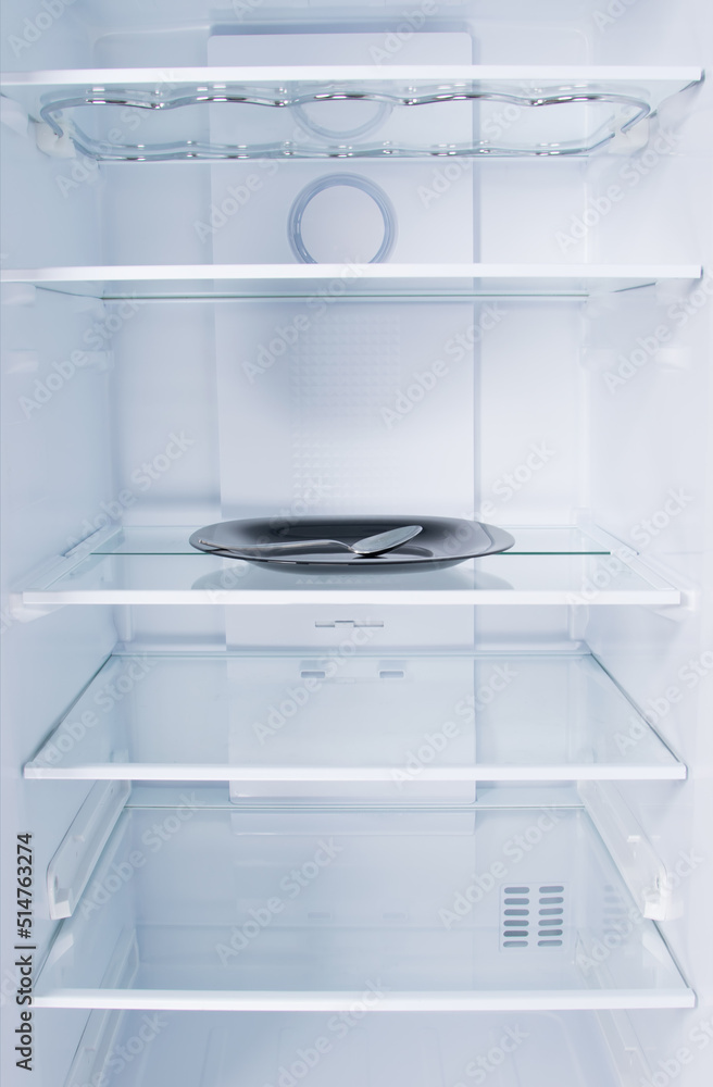 against the background of a white refrigerator, on a glass shelf there is a black plate with a spoon against the background of a white refrigerator, on a glass shelf there is a black plate with a spoon