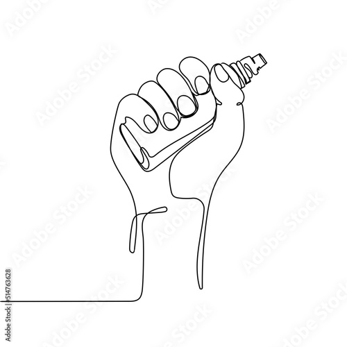 Vector hand holding e-cigarette. Vaping symbol Minimal art, continuous line drawing on white background. Smoking device in a hand.Vape label,logo,emblem design