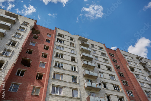 Damaged ruined multi-storey house in Chernihiv near Kyiv on north of Ukraine.