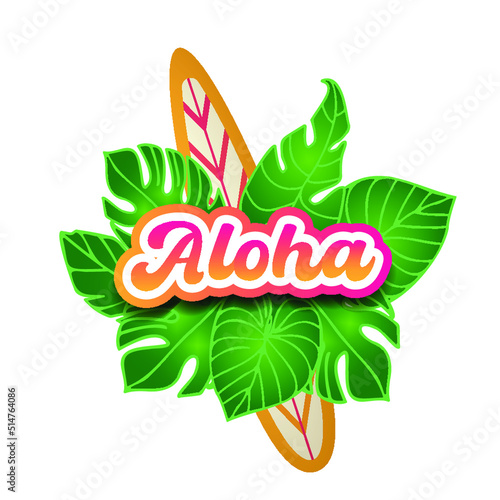 Vector illustration with surf boards, tropical leaves and hand drawn text Aloha