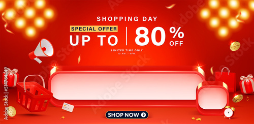 3D style Shopping day Sale banner template design for web or social media.