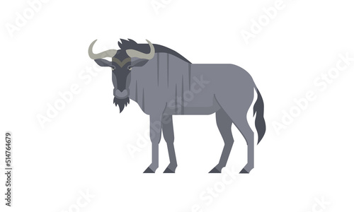 Blue wildebeest  Connochaetes taurinus  african native wild animal  flat style vector illustration isolated on white background